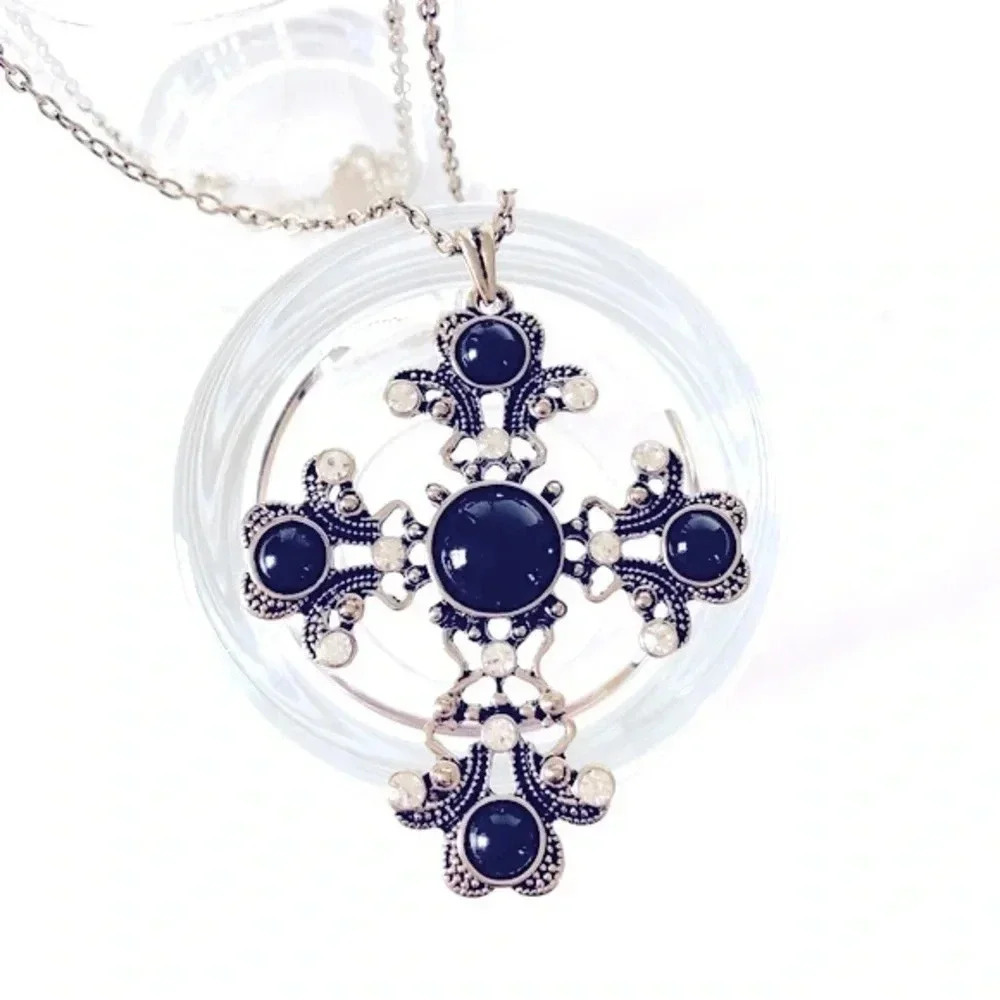 Zad Fashion Jewelry Silver Gothic Rhinestone Cross Statement Necklace